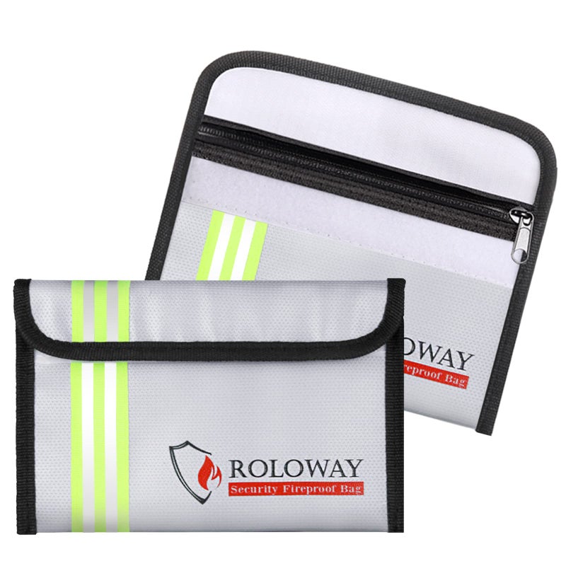 ROLOWAY Small Fireproof Bag (5 x 8 inches) with Reflective Strip  Non-Itchy Fireproof Money Bag  Fireproof Wallet Bag  Cash Fireproof Bag Set for Valuables - Passport  Currency & Keys (2-Pack Silver) - Image 1